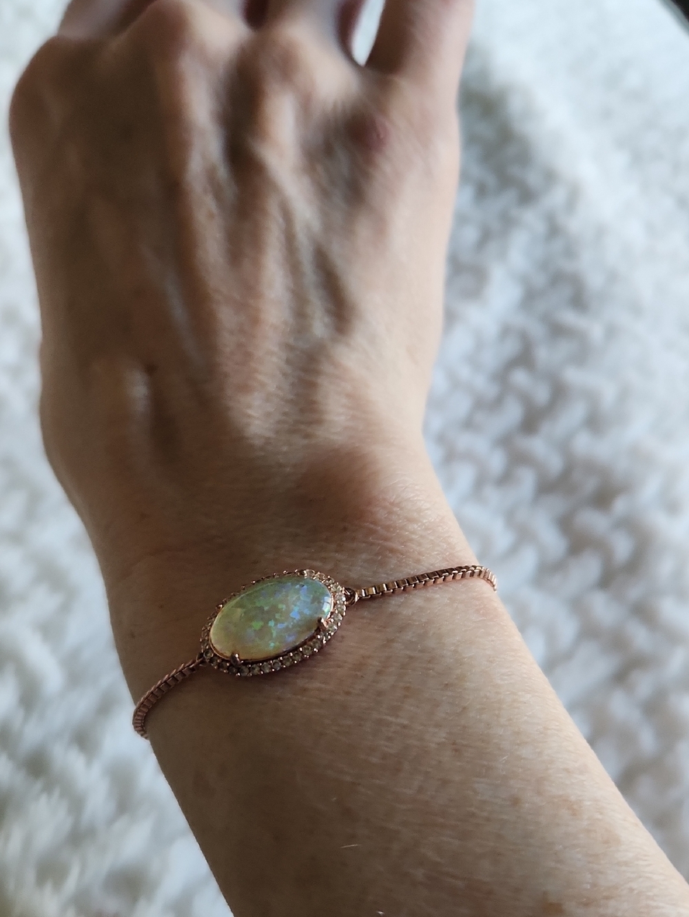 Rose Gold Tone Oval Opal & CZ Halo Adjustable Slider Friendship Bracelet